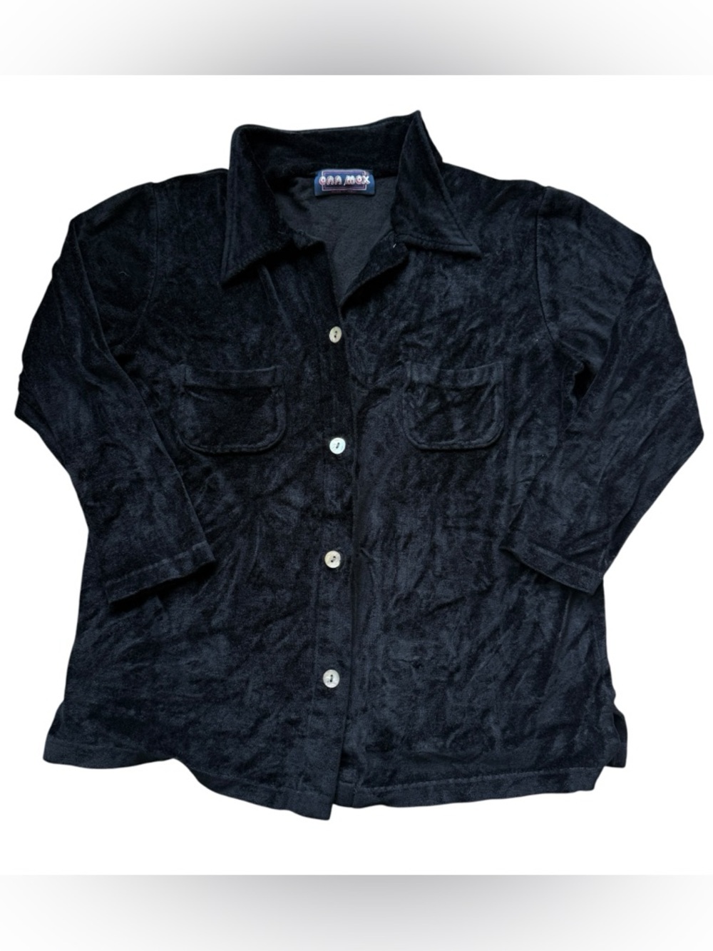 VTG Black Velour Button Up Top Soft Knit Minimalist Y2K Collared Shirt Italy M
